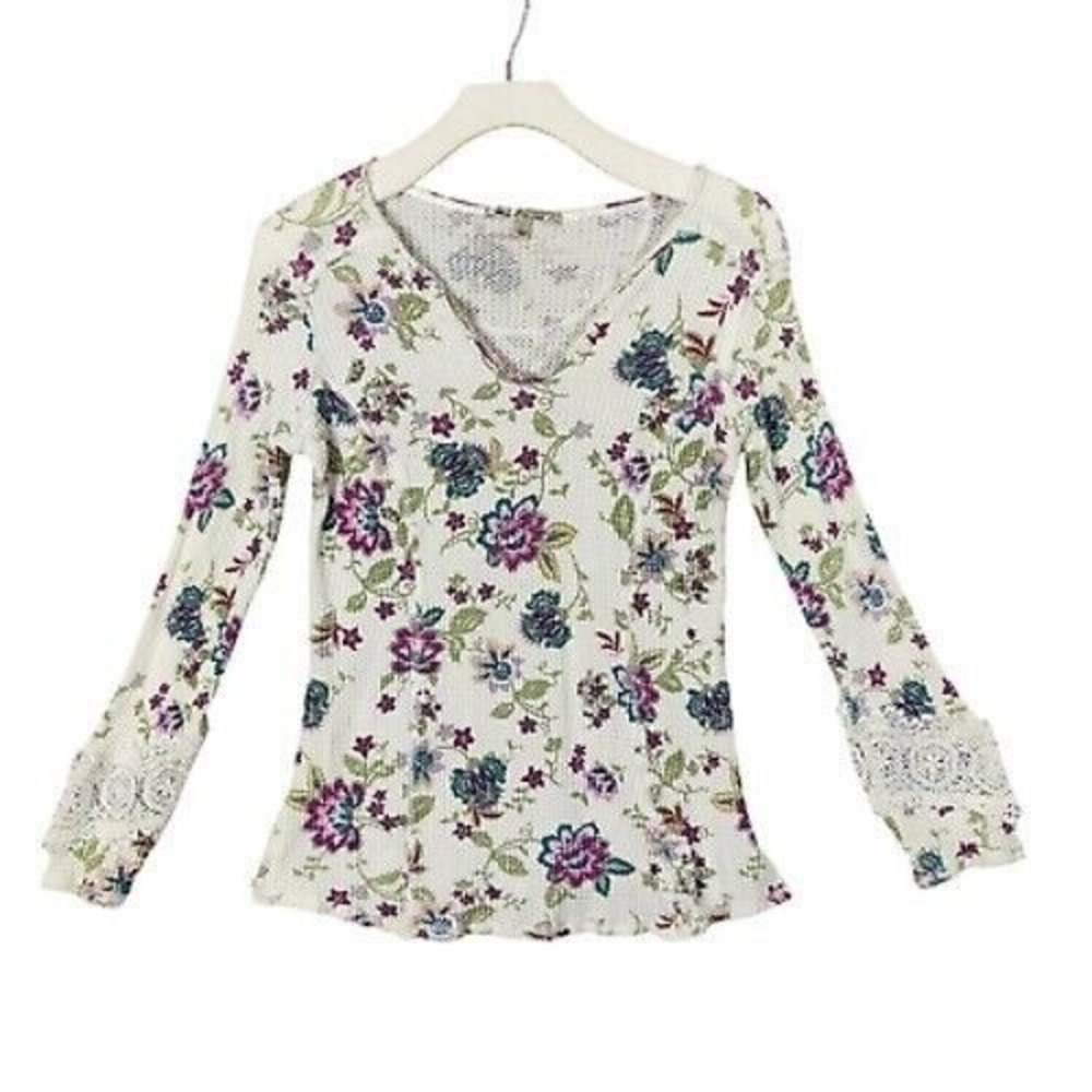 Seven7 Womens Romantic Cottage Delicate Waffle Knit Top L Floral Crochet Lace
